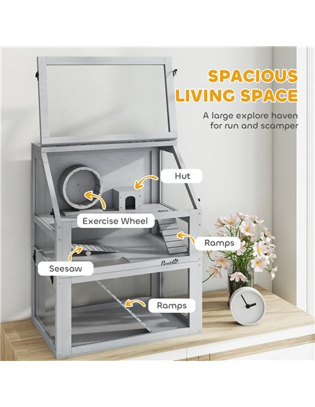PawHut Wooden Hamster Cage with Detachable 32cm Deep Bottom, Hut, Seesaw, Exercise Wheel, Ramp, 60 x 40 x 75cm, Light Grey - pic 176625 | FastDaddyshop
