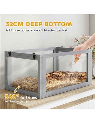 PawHut Wooden Hamster Cage with Detachable 32cm Deep Bottom, Hut, Seesaw, Exercise Wheel, Ramp, 60 x 40 x 75cm, Light Grey