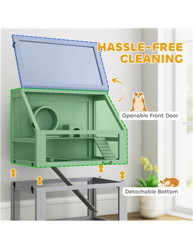PawHut Wooden Hamster Cage with Detachable 32cm Deep Bottom, Hut, Seesaw, Exercise Wheel, Ramp, 60 x 40 x 75cm, Light Grey