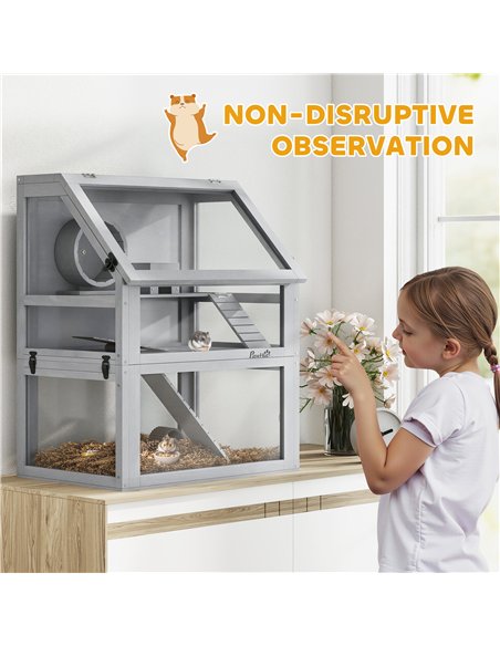 PawHut Wooden Hamster Cage with Detachable 32cm Deep Bottom, Hut, Seesaw, Exercise Wheel, Ramp, 60 x 40 x 75cm, Light Grey - pic 176628 | FastDaddyshop