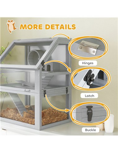 PawHut Wooden Hamster Cage with Detachable 32cm Deep Bottom, Hut, Seesaw, Exercise Wheel, Ramp, 60 x 40 x 75cm, Light Grey