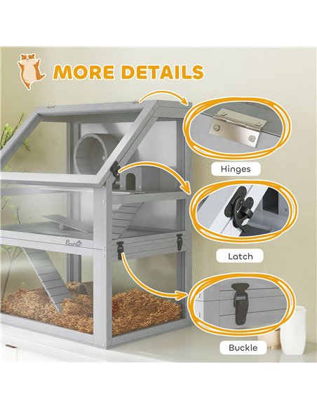 PawHut Wooden Hamster Cage with Detachable 32cm Deep Bottom, Hut, Seesaw, Exercise Wheel, Ramp, 60 x 40 x 75cm, Light Grey - pic 176629 | FastDaddyshop