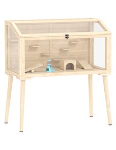 PawHut Wooden Hamster Cage, Hamster Habitat with Openable Top, Seesaws, Platforms, Water Bottle for Gerbils, 110 x 52 x 101 cm