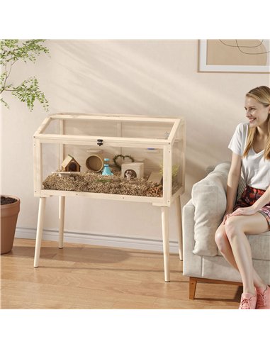 PawHut Wooden Hamster Cage, Hamster Habitat with Openable Top, Seesaws, Platforms, Water Bottle for Gerbils, 110 x 52 x 101 cm