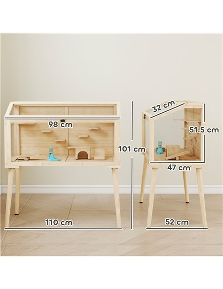 PawHut Wooden Hamster Cage, Hamster Habitat with Openable Top, Seesaws, Platforms, Water Bottle for Gerbils, 110 x 52 x 101 cm - pic 176633 | FastDaddyshop