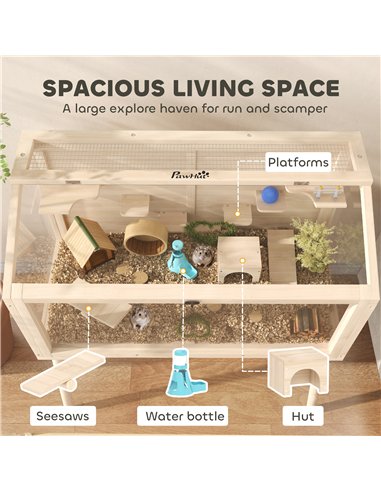 PawHut Wooden Hamster Cage, Hamster Habitat with Openable Top, Seesaws, Platforms, Water Bottle for Gerbils, 110 x 52 x 101 cm