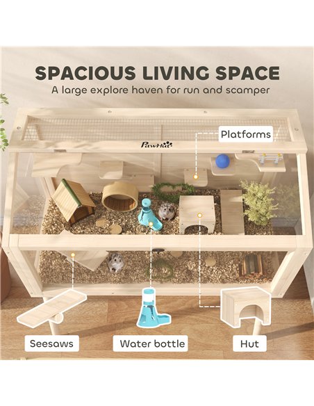 PawHut Wooden Hamster Cage, Hamster Habitat with Openable Top, Seesaws, Platforms, Water Bottle for Gerbils, 110 x 52 x 101 cm - pic 176634 | FastDaddyshop