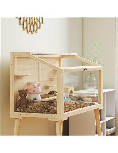 PawHut Wooden Hamster Cage, Hamster Habitat with Openable Top, Seesaws, Platforms, Water Bottle for Gerbils, 110 x 52 x 101 cm