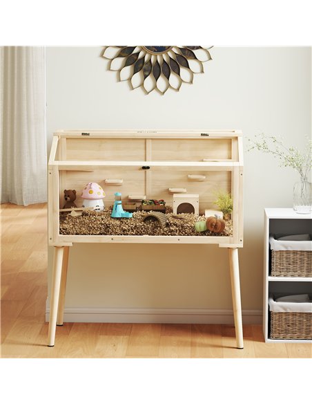 PawHut Wooden Hamster Cage, Hamster Habitat with Openable Top, Seesaws, Platforms, Water Bottle for Gerbils, 110 x 52 x 101 cm - pic 176639 | FastDaddyshop