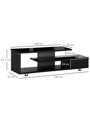 Homcom 1350mm High Gloss TV Stand with Storage Shelf and Drawer, Black