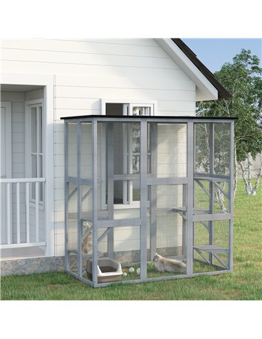 PawHut Wooden Catio Cat Outdoor Enclosure, Cat Cage with Waterproof Roof, Platforms, for Multiple Kittens, 180 x 98 x 180 cm