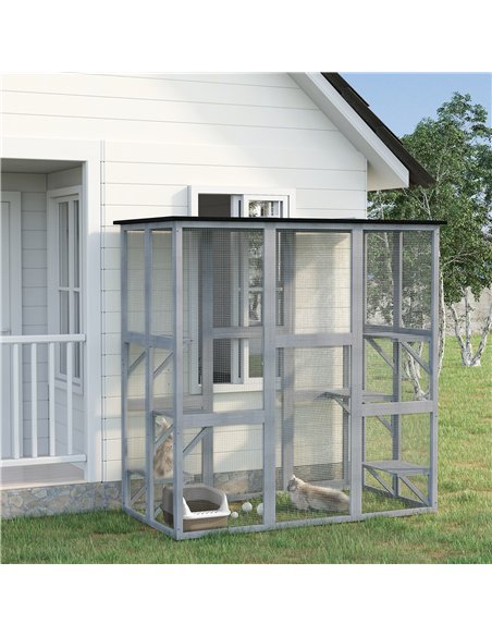 PawHut Wooden Catio Cat Outdoor Enclosure, Cat Cage with Waterproof Roof, Platforms, for Multiple Kittens, 180 x 98 x 180 cm - pic 176650 | FastDaddyshop