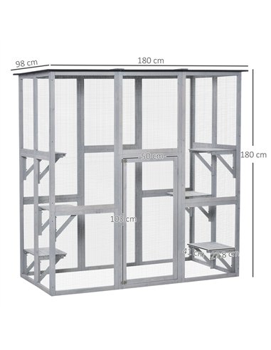 PawHut Wooden Catio Cat Outdoor Enclosure, Cat Cage with Waterproof Roof, Platforms, for Multiple Kittens, 180 x 98 x 180 cm