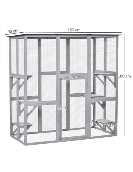 PawHut Wooden Catio Cat Outdoor Enclosure, Cat Cage with Waterproof Roof, Platforms, for Multiple Kittens, 180 x 98 x 180 cm - pic 176651 | FastDaddyshop