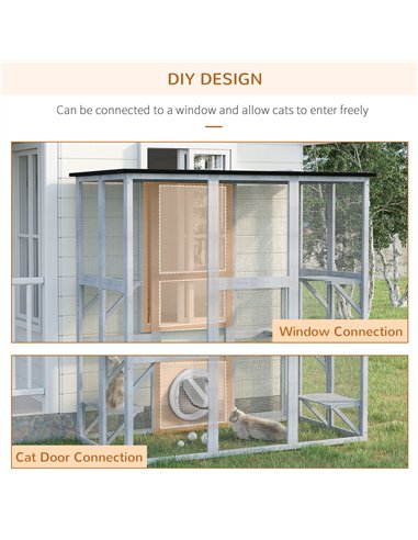 PawHut Wooden Catio Cat Outdoor Enclosure, Cat Cage with Waterproof Roof, Platforms, for Multiple Kittens, 180 x 98 x 180 cm