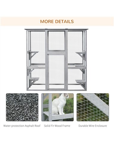 PawHut Wooden Catio Cat Outdoor Enclosure, Cat Cage with Waterproof Roof, Platforms, for Multiple Kittens, 180 x 98 x 180 cm