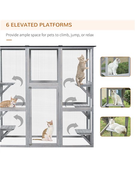 PawHut Wooden Catio Cat Outdoor Enclosure, Cat Cage with Waterproof Roof, Platforms, for Multiple Kittens, 180 x 98 x 180 cm - pic 176654 | FastDaddyshop