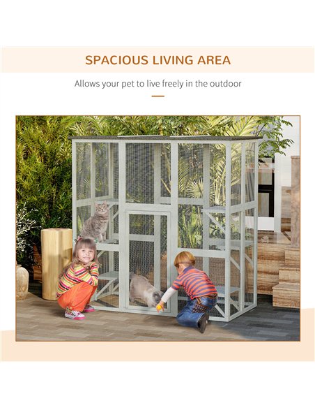 PawHut Wooden Catio Cat Outdoor Enclosure, Cat Cage with Waterproof Roof, Platforms, for Multiple Kittens, 180 x 98 x 180 cm - pic 176655 | FastDaddyshop