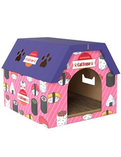 PawHut Cat Scratching Board, 2-in-1 Cardboard Cat House and Hideaway for Indoor Cats, Pink