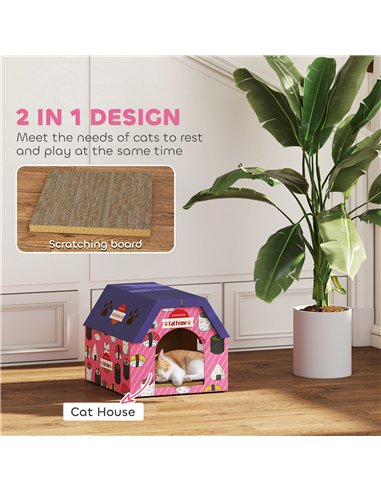 PawHut Cat Scratching Board, 2-in-1 Cardboard Cat House and Hideaway for Indoor Cats, Pink