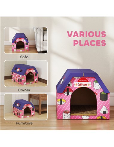 PawHut Cat Scratching Board, 2-in-1 Cardboard Cat House and Hideaway for Indoor Cats, Pink