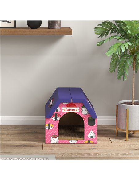 PawHut Cat Scratching Board, 2-in-1 Cardboard Cat House and Hideaway for Indoor Cats, Pink - pic 176665 | FastDaddyshop