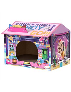 PawHut 2 in 1 Gaming Style Cardboard Cat House with Scratching Board & Catnip for Indoor Cats, Pink