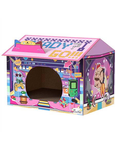 PawHut 2 in 1 Gaming Style Cardboard Cat House with Scratching Board & Catnip for Indoor Cats, Pink - pic 176667 | FastDaddyshop