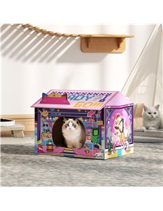 PawHut 2 in 1 Gaming Style Cardboard Cat House with Scratching Board & Catnip for Indoor Cats, Pink 2