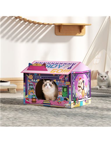 PawHut 2 in 1 Gaming Style Cardboard Cat House with Scratching Board & Catnip for Indoor Cats, Pink