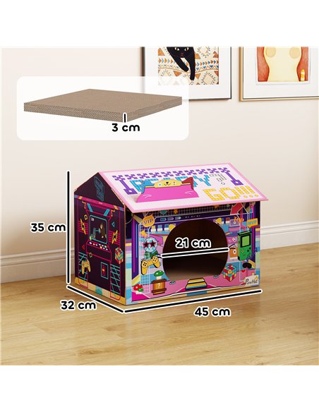 PawHut 2 in 1 Gaming Style Cardboard Cat House with Scratching Board & Catnip for Indoor Cats, Pink - pic 176669 | FastDaddyshop