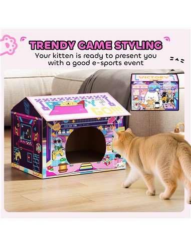 PawHut 2 in 1 Gaming Style Cardboard Cat House with Scratching Board & Catnip for Indoor Cats, Pink