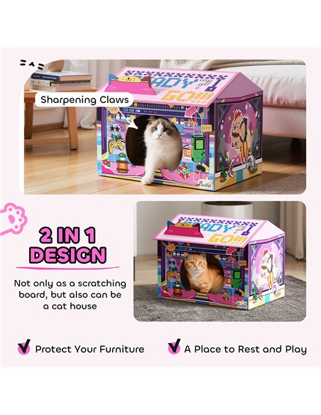 PawHut 2 in 1 Gaming Style Cardboard Cat House with Scratching Board & Catnip for Indoor Cats, Pink - pic 176671 | FastDaddyshop