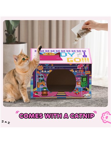 PawHut 2 in 1 Gaming Style Cardboard Cat House with Scratching Board & Catnip for Indoor Cats, Pink