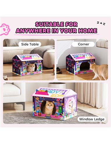 PawHut 2 in 1 Gaming Style Cardboard Cat House with Scratching Board & Catnip for Indoor Cats, Pink
