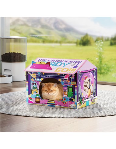 PawHut 2 in 1 Gaming Style Cardboard Cat House with Scratching Board & Catnip for Indoor Cats, Pink