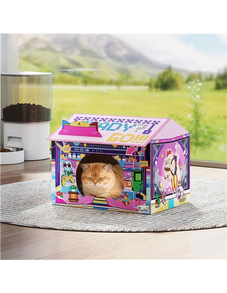 PawHut 2 in 1 Gaming Style Cardboard Cat House with Scratching Board & Catnip for Indoor Cats, Pink - pic 176674 | FastDaddyshop