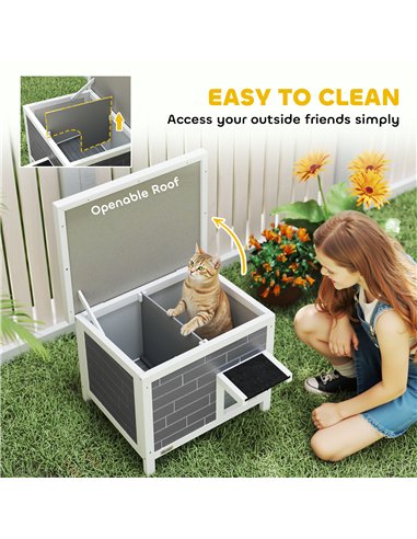 PawHut Outdoor Cat House Insulated with Openable Roof, Weatherproof Feral Cat Shelter for Rabbits, Cats, Grey
