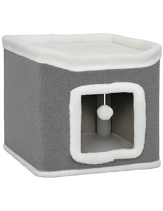 PawHut Cat House for Indoor Kittens, 2-Level Cat Cave Bed with Fluffy Balls, Top Bed, Kitten Barrel for Multi Kitties, Grey