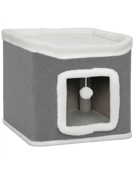 PawHut Cat House for Indoor Kittens, 2-Level Cat Cave Bed with Fluffy Balls, Top Bed, Kitten Barrel for Multi Kitties, Grey - pic 176685 | FastDaddyshop