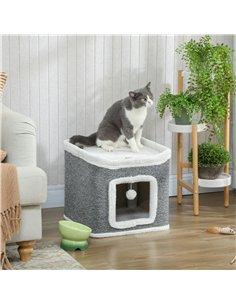 PawHut Cat House for Indoor Kittens, 2-Level Cat Cave Bed with Fluffy Balls, Top Bed, Kitten Barrel for Multi Kitties, Grey 2