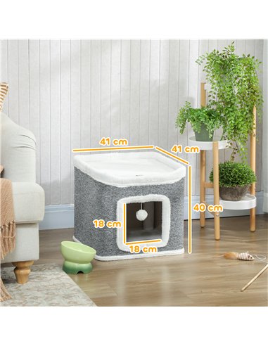 PawHut Cat House for Indoor Kittens, 2-Level Cat Cave Bed with Fluffy Balls, Top Bed, Kitten Barrel for Multi Kitties, Grey