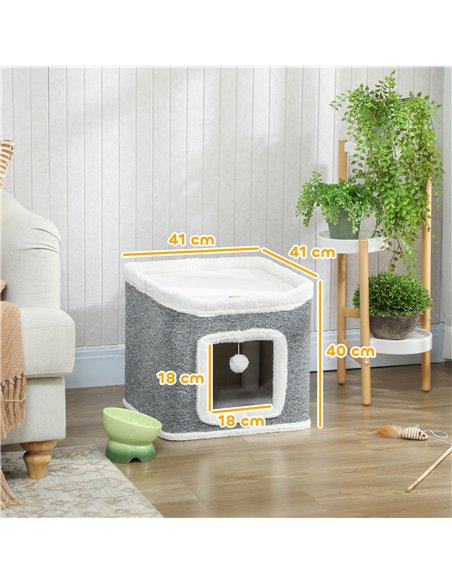 PawHut Cat House for Indoor Kittens, 2-Level Cat Cave Bed with Fluffy Balls, Top Bed, Kitten Barrel for Multi Kitties, Grey - pic 176687 | FastDaddyshop