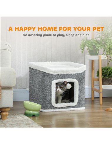 PawHut Cat House for Indoor Kittens, 2-Level Cat Cave Bed with Fluffy Balls, Top Bed, Kitten Barrel for Multi Kitties, Grey