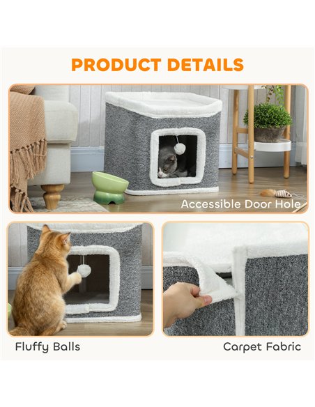 PawHut Cat House for Indoor Kittens, 2-Level Cat Cave Bed with Fluffy Balls, Top Bed, Kitten Barrel for Multi Kitties, Grey - pic 176689 | FastDaddyshop