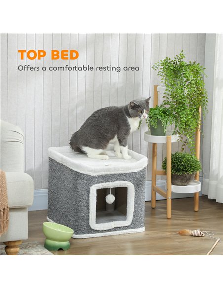 PawHut Cat House for Indoor Kittens, 2-Level Cat Cave Bed with Fluffy Balls, Top Bed, Kitten Barrel for Multi Kitties, Grey - pic 176690 | FastDaddyshop