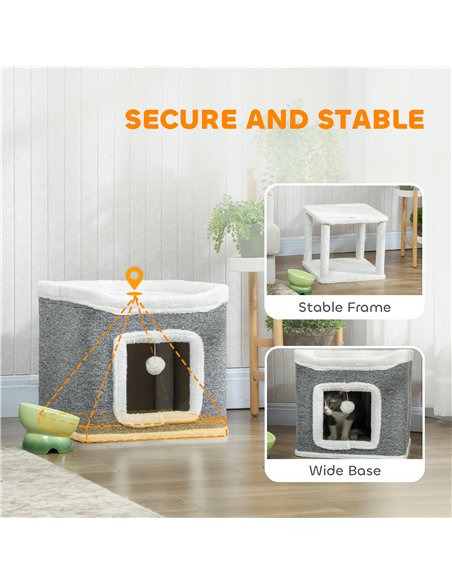 PawHut Cat House for Indoor Kittens, 2-Level Cat Cave Bed with Fluffy Balls, Top Bed, Kitten Barrel for Multi Kitties, Grey - pic 176691 | FastDaddyshop