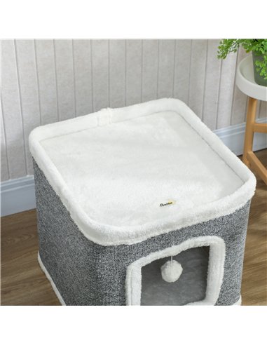 PawHut Cat House for Indoor Kittens, 2-Level Cat Cave Bed with Fluffy Balls, Top Bed, Kitten Barrel for Multi Kitties, Grey