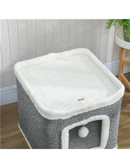 PawHut Cat House for Indoor Kittens, 2-Level Cat Cave Bed with Fluffy Balls, Top Bed, Kitten Barrel for Multi Kitties, Grey - pic 176692 | FastDaddyshop