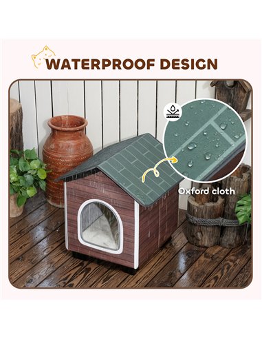 PawHut Insulated Outdoor Cat House, Water-Resistant Feral Cat Shelter with Elevated Base and Cushion, Red-brown